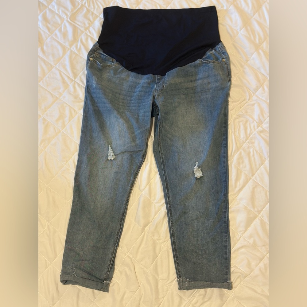 Time and Tru Maternity Boyfriend Jeans in Light Blue with Navy Full Panel